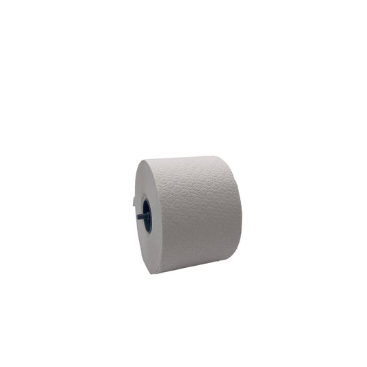 Eine große Rolle CWS Toilettenpapier Recycling Weiß (25 g/m²) mit schwarzem Kern, abgebildet auf weißem Hintergrund. Geliefert in einer umweltfreundlichen Kartonverpackung, enthält jede Packung 36 Rollen Recycling-Toilettenpapier von CWS.