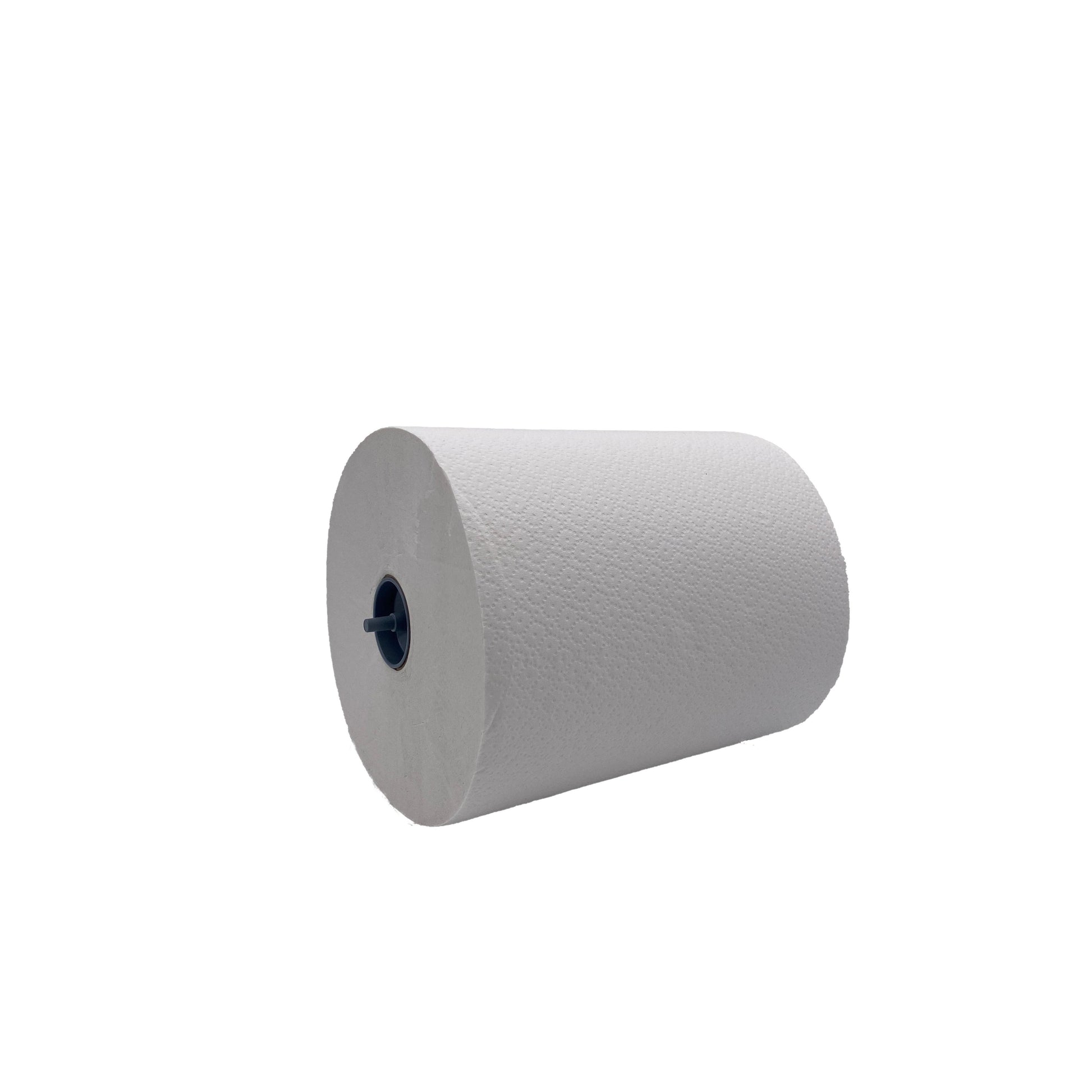 Eine große weiße CWS Paperroll weiß 2-lagig von CWS mit blauem Kunststoffkern, bekannt für hohe Saugfähigkeit, ist waagerecht auf weißem Hintergrund abgebildet.