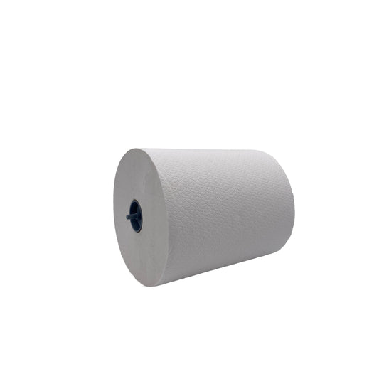 Eine große weiße CWS Paperroll weiß 2-lagig von CWS mit blauem Kunststoffkern, bekannt für hohe Saugfähigkeit, ist waagerecht auf weißem Hintergrund abgebildet.