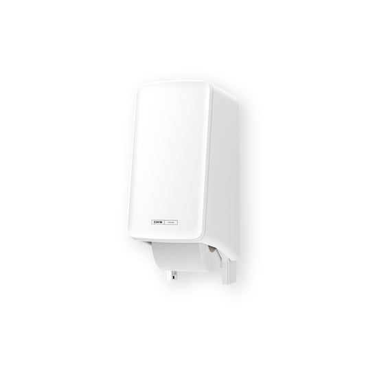 Ein CWS PureLine Toilettenpapierspender (1 Stück) von CWS, wandmontiert mit einer sichtbaren Rolle, dargestellt vor einem schlichten weißen Hintergrund.