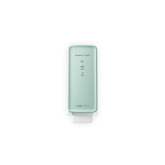 Ein mintgrünes, an der Wand montiertes CWS PureLine Frontpanel für den Disinfect Foam/NT Spender zeigt "DISINFECT SOAP", illustrierte Anweisungen und ein elegantes Design vor einem weißen Hintergrund.
