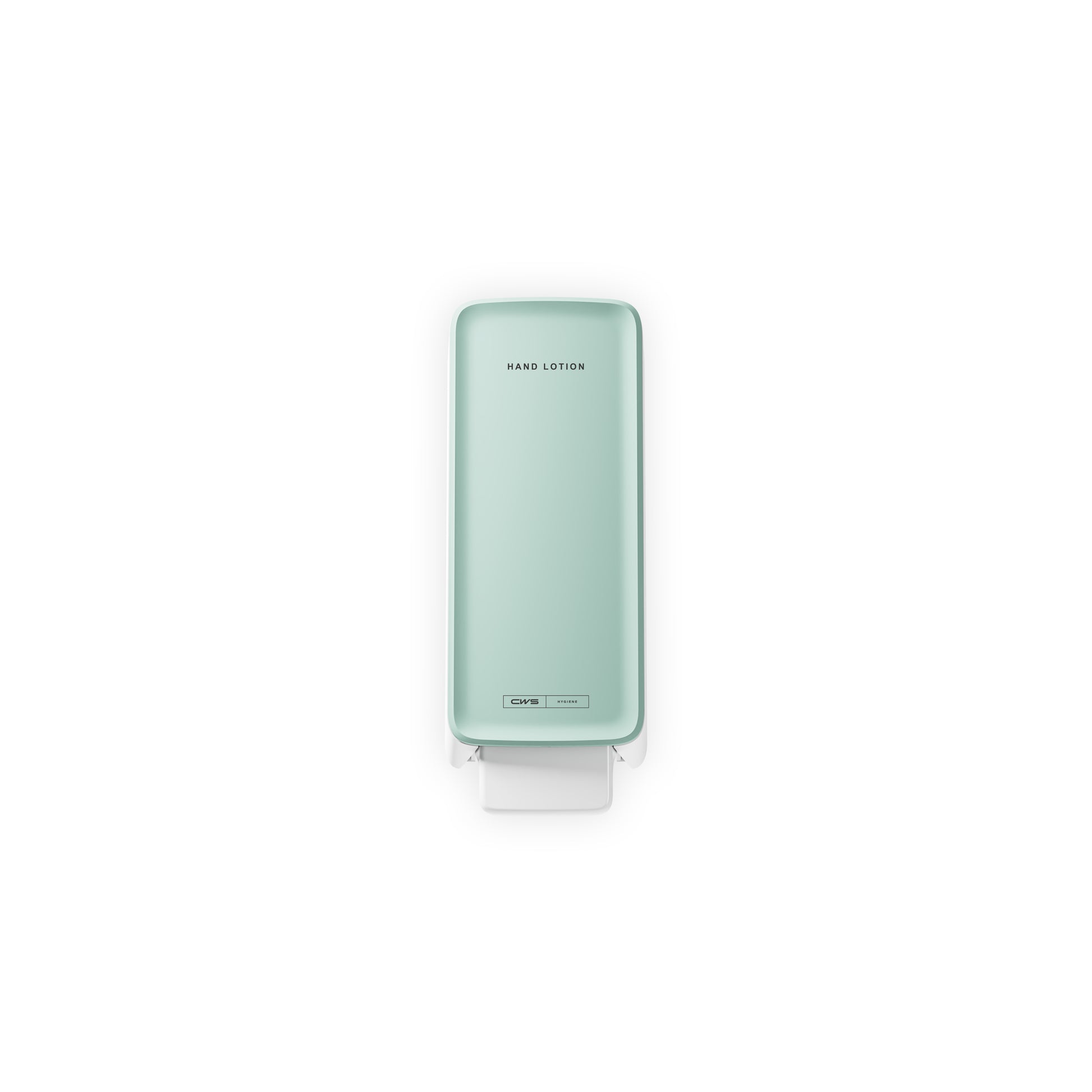 Ein mintgrüner CWS PureLine Frontpanel für Handlotion von CWS, rechteckiger Spender mit der Aufschrift "HARD LOTION", ist vertikal auf einem weißen Hintergrund montiert und verfügt über einen weißen Hebel am unteren Ende für eine einfache Dosierung.