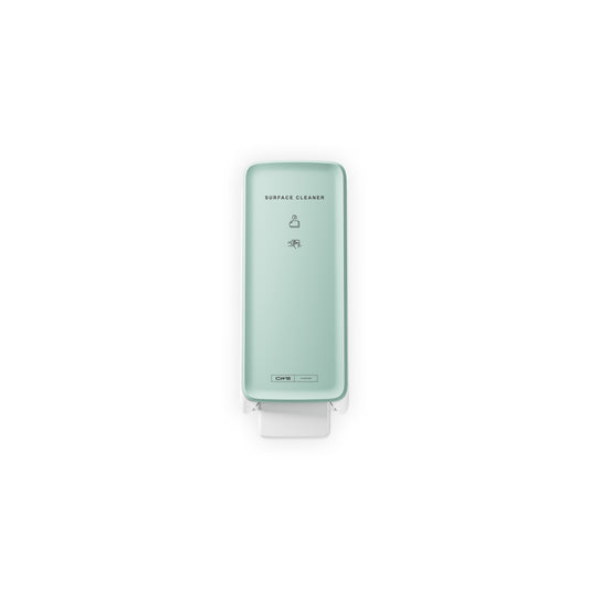 Das CWS PureLine Frontpanel für den Surface Cleaner/NT Spender in Hellgrün bietet eine hygienische Lösung mit Symbolen und Text auf der Vorderseite, die vor einem weißen Hintergrund dargestellt werden.