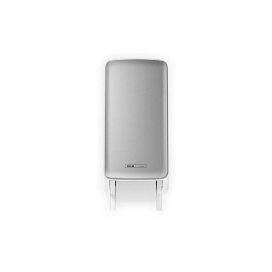 Ein rechteckiges, graues elektronisches Gerät - das CWS PureLine Frontpanel für den Toilettenpapierspender von CWS - auf weißem Hintergrund, mit einem kleinen Bodenetikett und zwei nach unten gerichteten Klammern für ein hygienisches Ambiente.