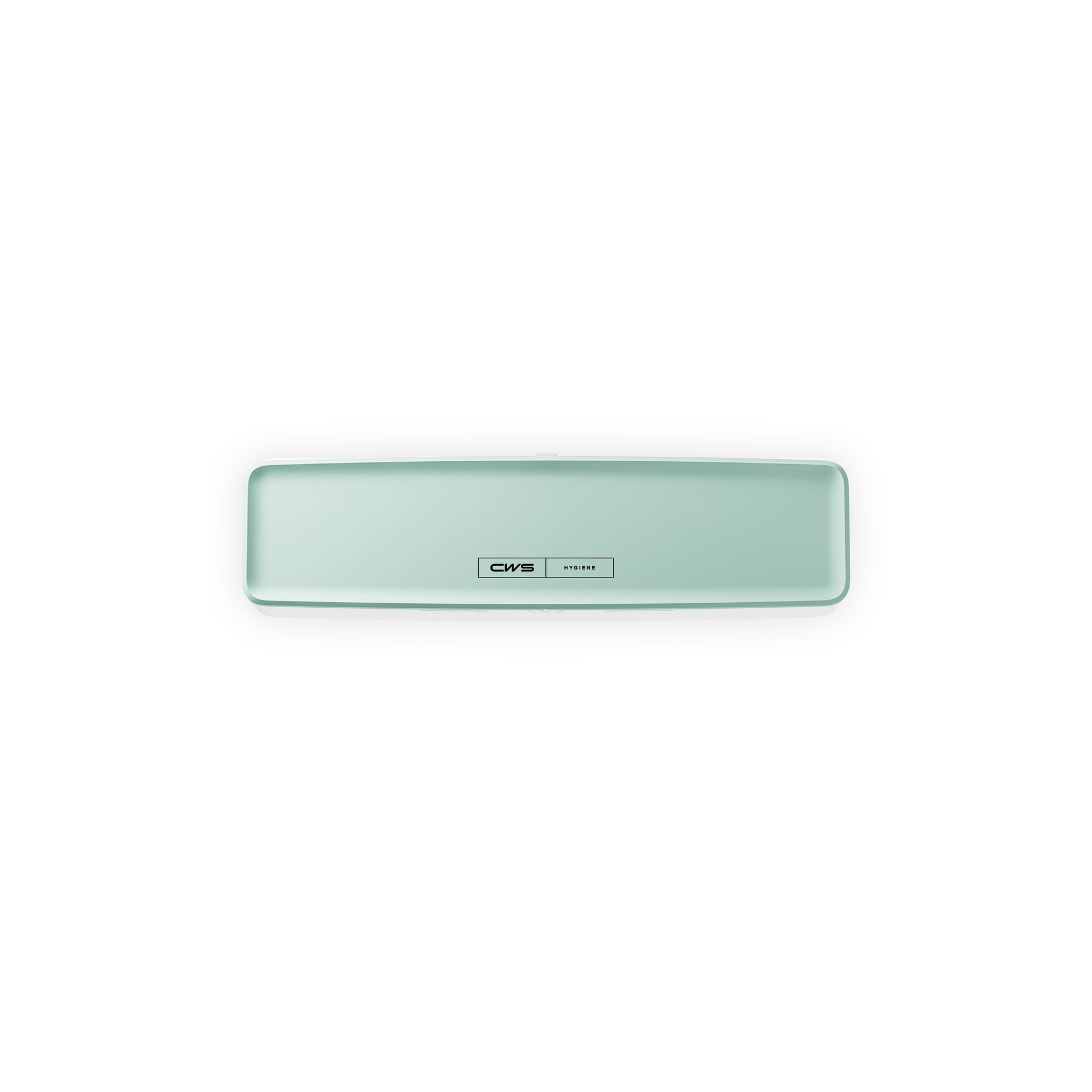 Ein rechteckiges, hellgrünes Gerät mit abgerundeten Kanten und einem zentralen Etikett mit der Aufschrift "CWS PureLine Frontpanel für PureLine Air Bar" wird vor einem weißen Hintergrund angezeigt.