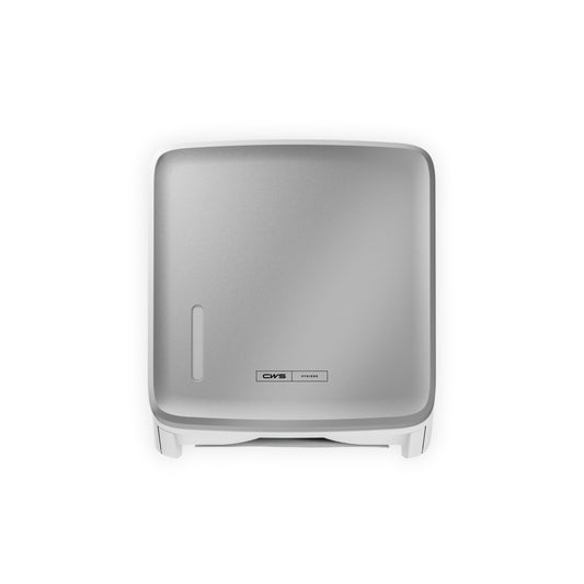 Das CWS PureLine Frontpanel für den Paper Spender ist ein silbernes Wandpanel mit einem kleinen vertikalen Fenster auf der linken Seite und einem rechteckigen Etikett in der unteren Mitte, das vor einem weißen Hintergrund abgebildet ist.
