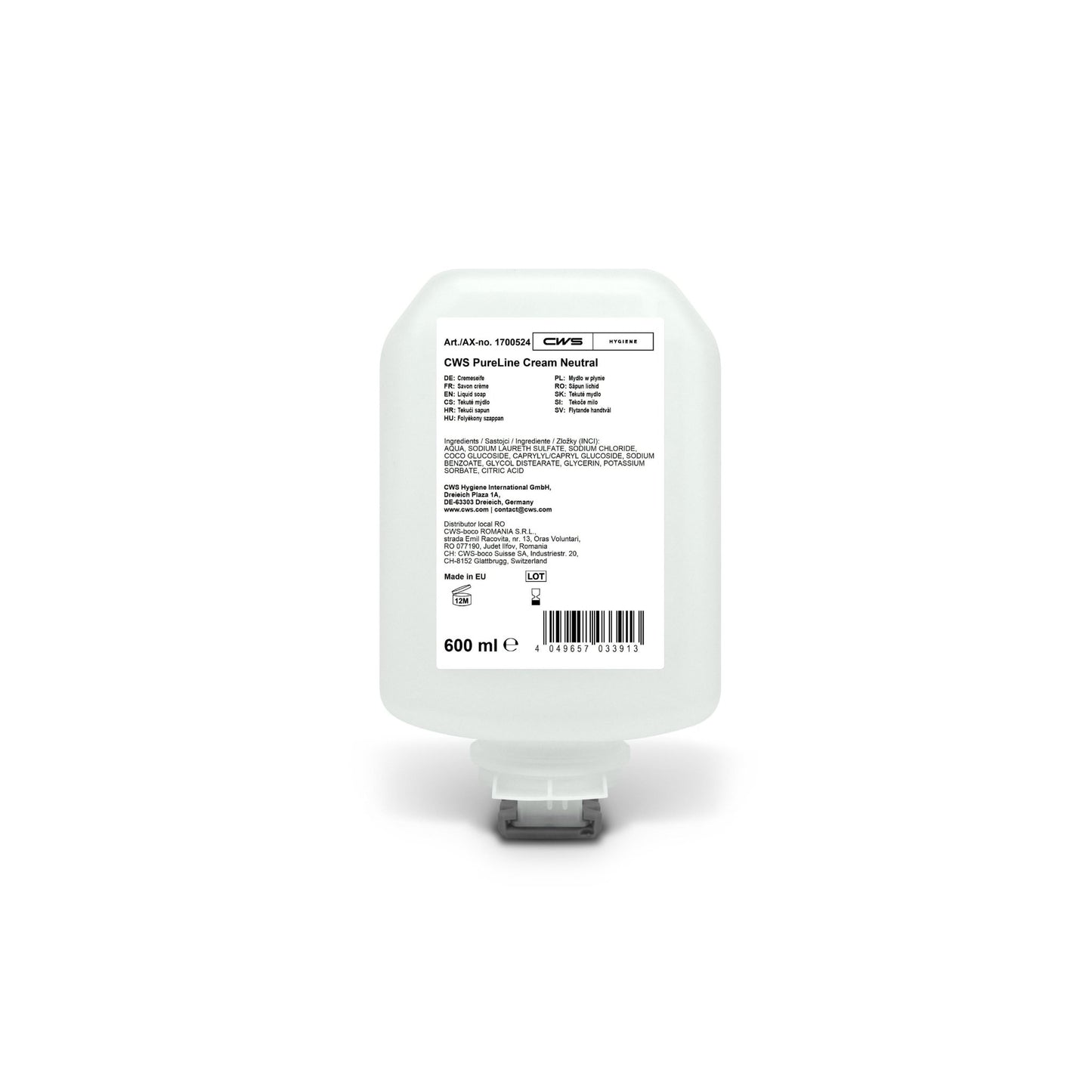 The CWS PureLine Cream Neutral 600 ml bottle was developed for daily use on sensitive skin and is provided with ingredients and product information on a white label with a transparent bottom closure.
