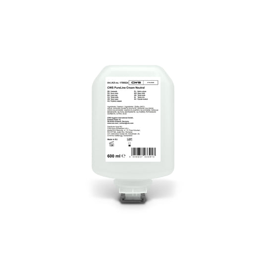 Die CWS PureLine Cream Neutral 600 ml Flasche wurde für die tägliche Anwendung auf empfindlicher Haut entwickelt und ist mit Inhaltsstoffen und Produktinformationen auf einem weißen Etikett mit transparentem Bodenverschluss versehen.