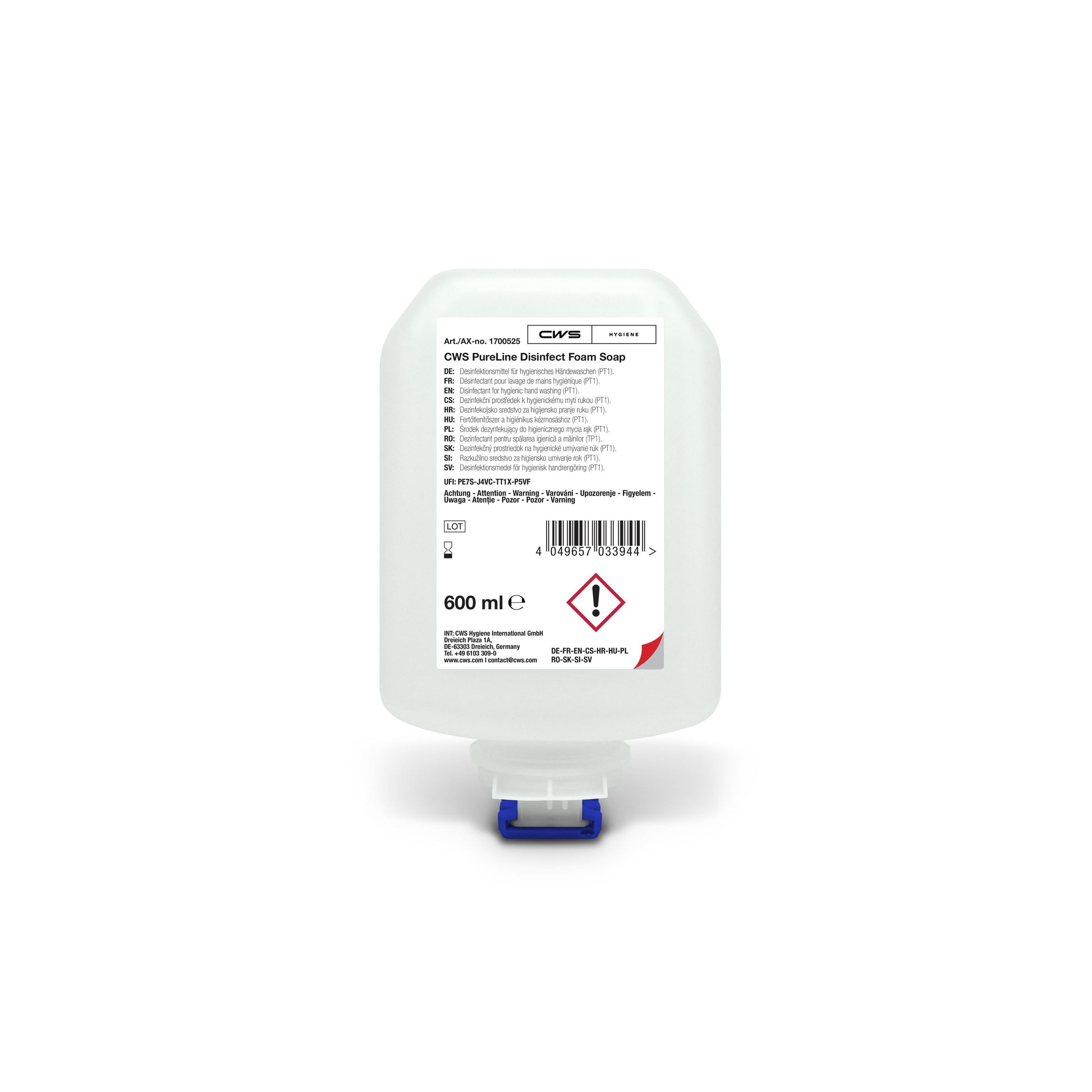 Eine 600-ml-Flasche CWS PureLine Desinfect Gel von CWS mit klarem Design, blau-weißem Spender und einem Etikett mit Produktdetails, Anwendungshinweisen, Sicherheitssymbolen und Warnungen vor Keimen und Bakterien.