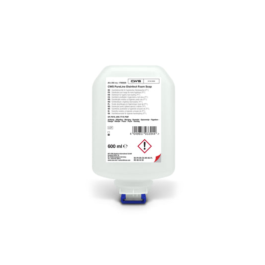 Eine 600-ml-Flasche CWS PureLine Desinfect Gel von CWS mit klarem Design, blau-weißem Spender und einem Etikett mit Produktdetails, Anwendungshinweisen, Sicherheitssymbolen und Warnungen vor Keimen und Bakterien.