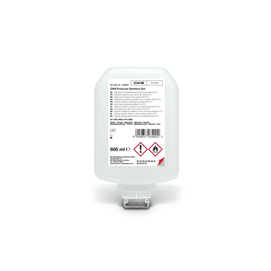 Das CWS PureLine Desinfect Gel 600 ml ist ein durchsichtiger Behälter mit weißer Spenderkappe und einem Etikett mit Produktinformation, Barcode und Gefahrensymbolen. Dieses Händedesinfektionsgel der Marke CWS ist wirksam gegen Keime und Bakterien.