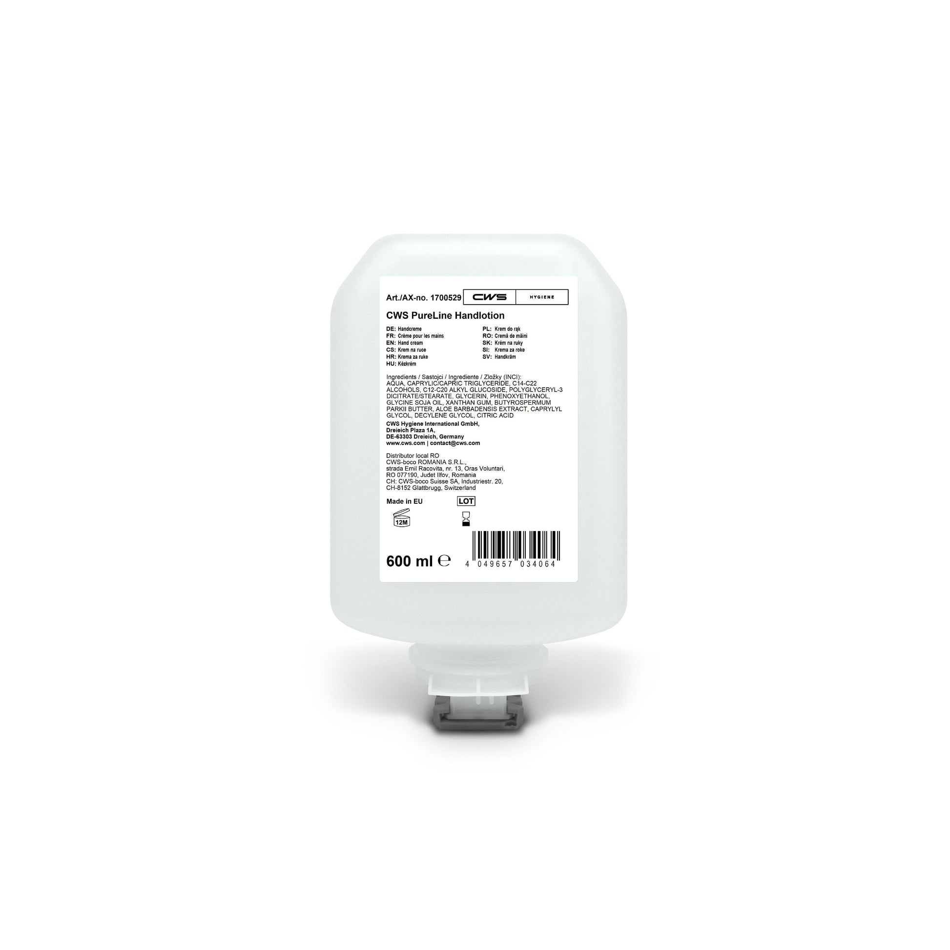 Die CWS PureLine Handlotion 600 ml Flasche von CWS hat ein weißes Etikett mit Produktdetails, Inhaltsstoffen, Anwendungshinweisen und Herstellerangaben in schwarzer Schrift. Die Flasche hat eine Bodenspendertülle. Enthält Panthenol und Vitamin E für feuchtigkeitsspendende Pflege.