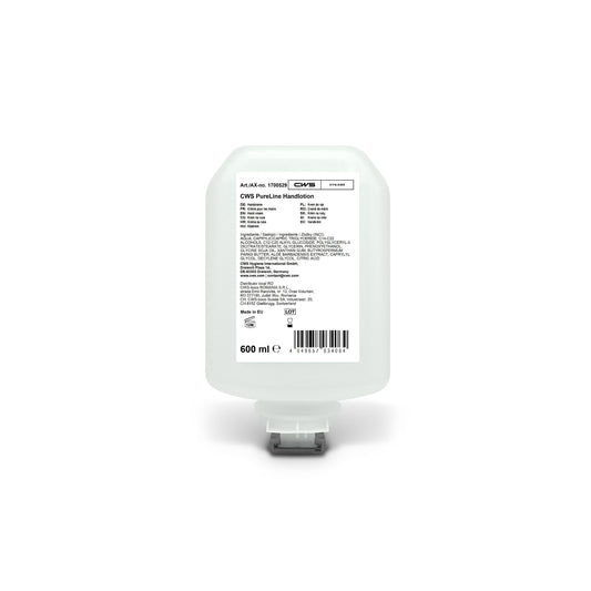 Die CWS PureLine Handlotion 600 ml Flasche von CWS hat ein weißes Etikett mit Produktdetails, Inhaltsstoffen, Anwendungshinweisen und Herstellerangaben in schwarzer Schrift. Die Flasche hat eine Bodenspendertülle. Enthält Panthenol und Vitamin E für feuchtigkeitsspendende Pflege.