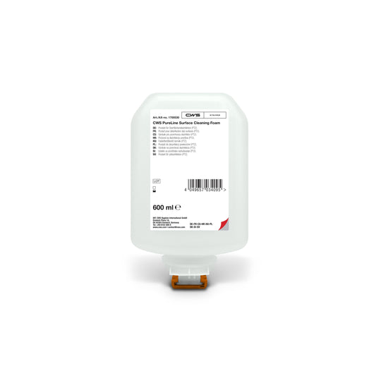 Die CWS PureLine Surface Cleaning Foam 600 ml Flasche verfügt über ein weißes Etikett mit Produktdetails, Anweisungen und Barcode sowie einen orangefarbenen Spender für eine effiziente Reinigung und ein streifenfreies Ergebnis.
