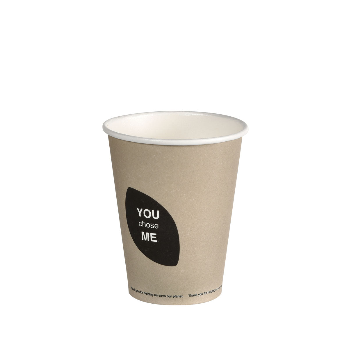 Ein brauner, umweltfreundlicher Thank You Becher von Duni GmbH (PAP/PLA bedruckt) mit schwarzem Design trägt in weiß die Worte "YOU chose ME" und eine kleine Aufschrift unten. Schlichter weißer Hintergrund.