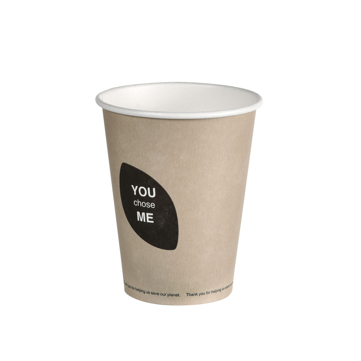 Der PAP/PLA-bedruckte Thank You Becher von Duni GmbH ist braun mit weißem Inneren. "YOU chose ME" steht in Weiß auf schwarzem Grund sowie kleiner Schrift unten; der Becher ist zentral auf weißem Hintergrund platziert.