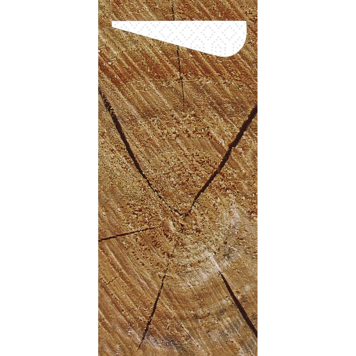 Nahaufnahme eines hölzernen Baumstammes im Querschnitt mit sichtbaren Ringen und Rissen. Am oberen Rand liegt ein weißes, gebogenes Sacchetto Zelltuch 190 x 85 mm der Duni GmbH, geformt wie ein gefaltetes Einmaltuch.