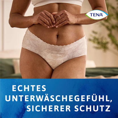 A woman is wearing TENA Silhouette Plus White incontinence pants from TENA – Essity Germany GmbH from the shoulders to the mid-thigh. The image shows the TENA logo and the German text: "REAL UNDERWEAR FEEL, SECURE PROTECTION" on a blue background.