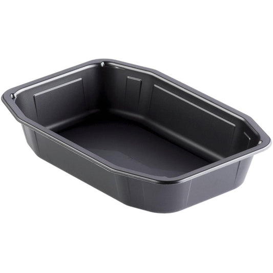 Die Duni GmbH PP-Schale HMR Schwarz PP 215x148 ist eine rechteckige, schwarze, antihaftbeschichtete Polypropylenpfanne mit abgeschrägten Seiten und abgerundeten Ecken. Abgebildet auf einem weißen Hintergrund, ist sie spülmaschinenfest für eine einfache Reinigung und langanhaltende Haltbarkeit.
