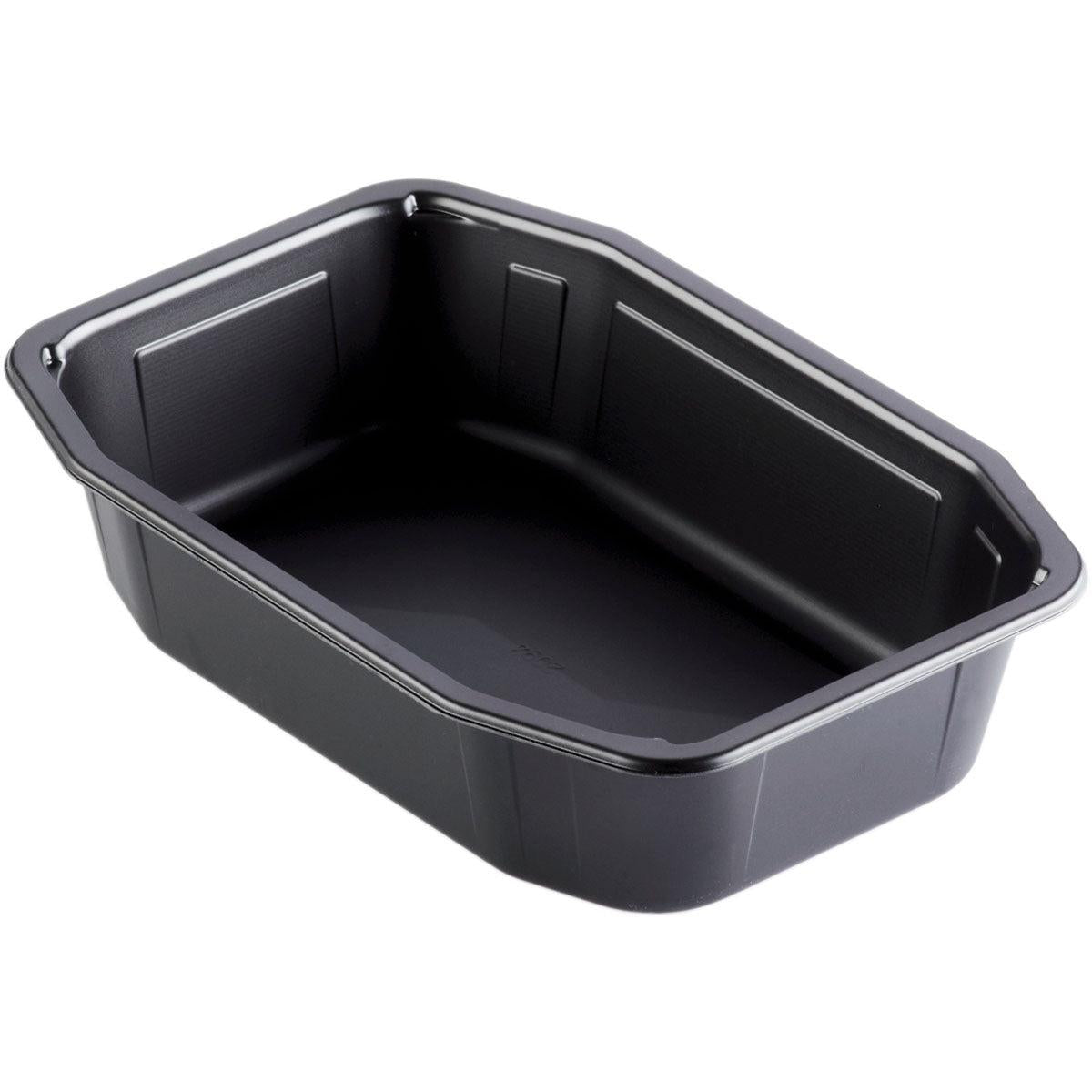 Eine PP-Schale HMR Schwarz PP 215x148 der Duni GmbH, rechteckig mit abgewinkelten Seiten und flachem Boden, ist in Schwarz auf weißem Hintergrund abgebildet.
