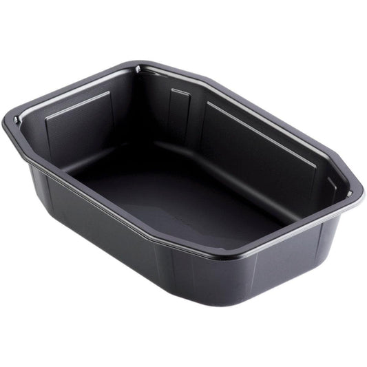 Eine PP-Schale HMR Schwarz PP 215x148 der Duni GmbH, rechteckig mit abgewinkelten Seiten und flachem Boden, ist in Schwarz auf weißem Hintergrund abgebildet.