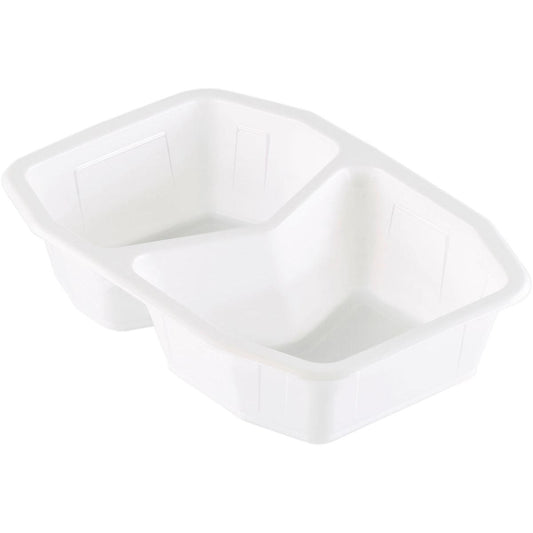 Die Duni GmbH PP-Schale HMR 2 Weiß PP 215x148x50, eine weiße dreiteilige Lebensmittelschale mit erhöhten Trennwänden, ist ideal für Transport und Lagerung. Erhältlich in Packungen mit 312 Stück.