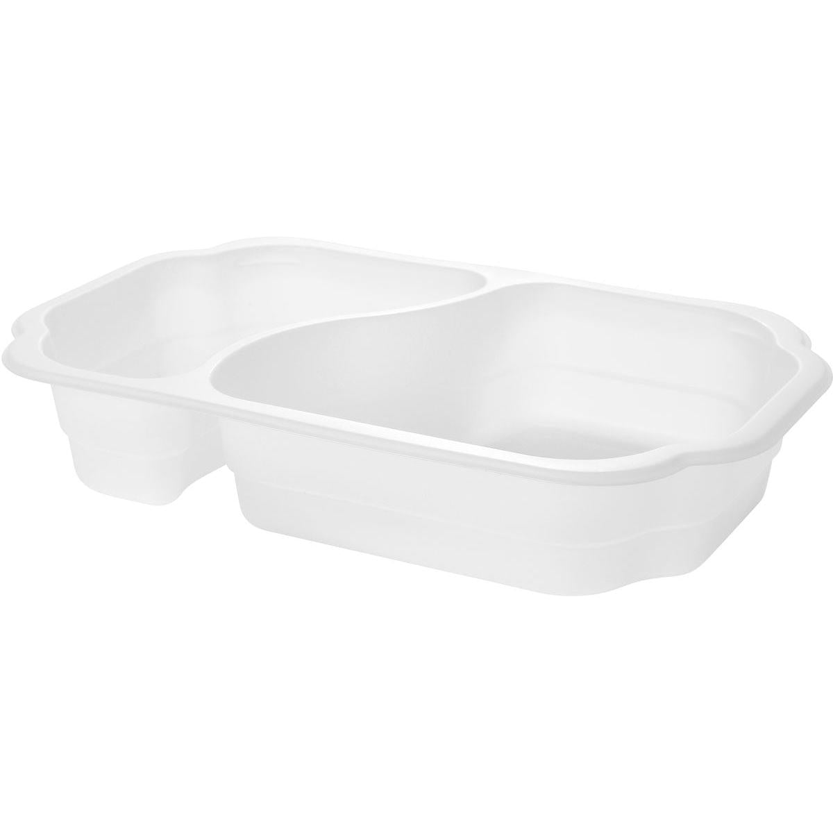 Die Duni GmbH Biokunststoff Schale Take-Away 2 Weiß (250x159x45) ist mit zwei Fächern ausgestattet und eignet sich ideal als Einwegschale zum Mitnehmen. Das Foto zeigt ein weißes Tablett auf einfarbigem Hintergrund. Die Packung enthält 246 Stück.