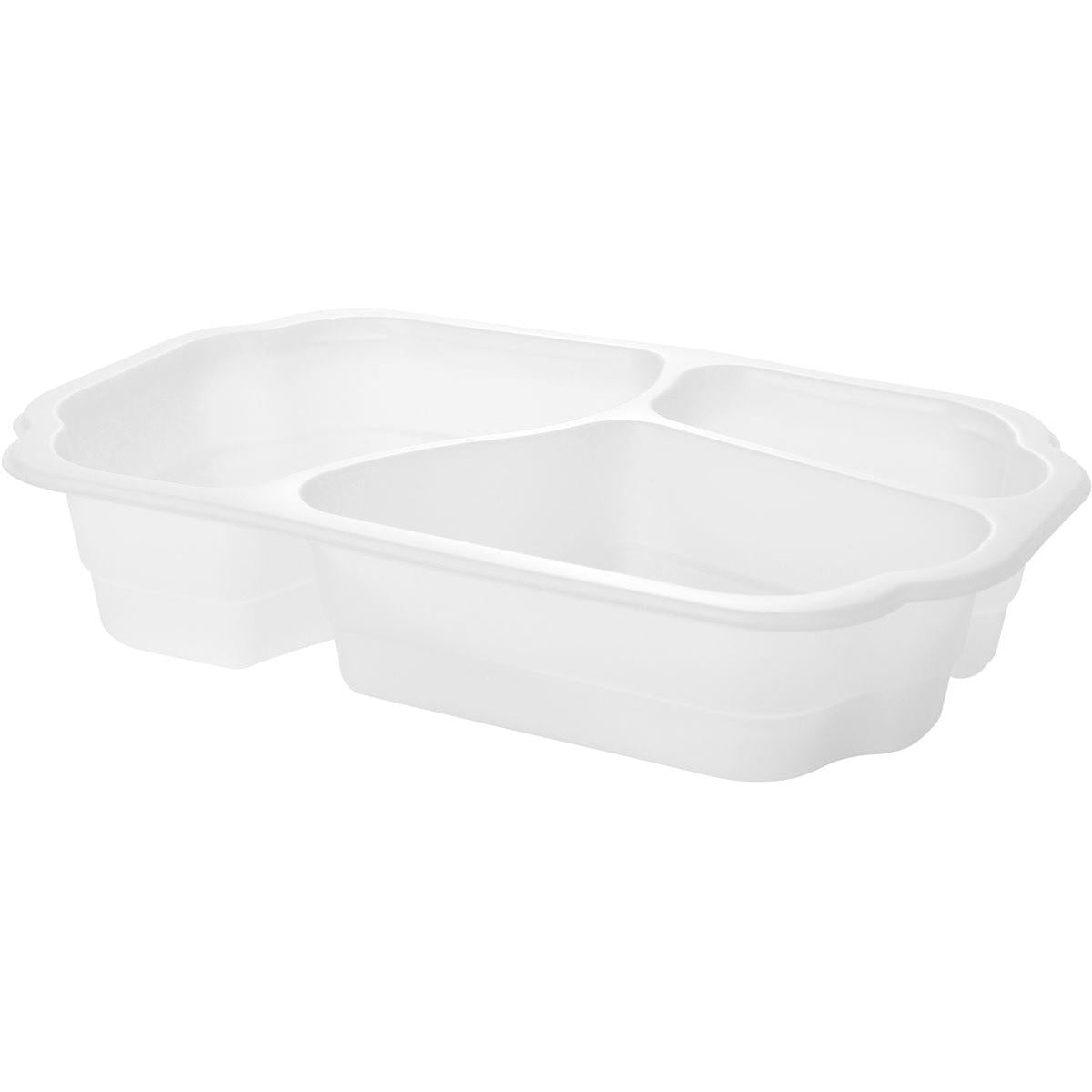 Eine weiße Biokunststoff Schale Take-Away 3 von Duni GmbH (250x159x48 mm) ist schräg abgebildet. Er verfügt über drei Fächer mit abgerundeten Kanten, die durch erhöhte Trennwände voneinander getrennt sind. Die Schale ist leer und besteht aus Kunststoff.