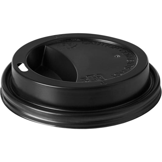 Der Duni GmbH Deckel für 170741 Becher, Schwarz PS (Packung à 40 Stück), besitzt einen erhöhten Rand, eine kleine Trinköffnung und einen Hinweistext auf heiße Getränke.