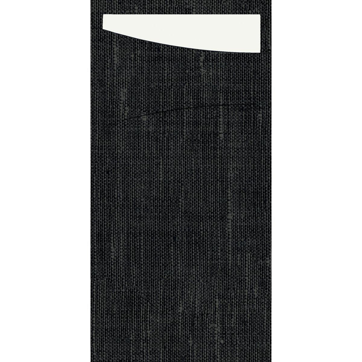 Ein weißer Sacchetto Dunisoft 230 x 115 mm der Duni GmbH ragt teilweise aus der Oberseite einer dunklen, strukturierten Stofftasche heraus.