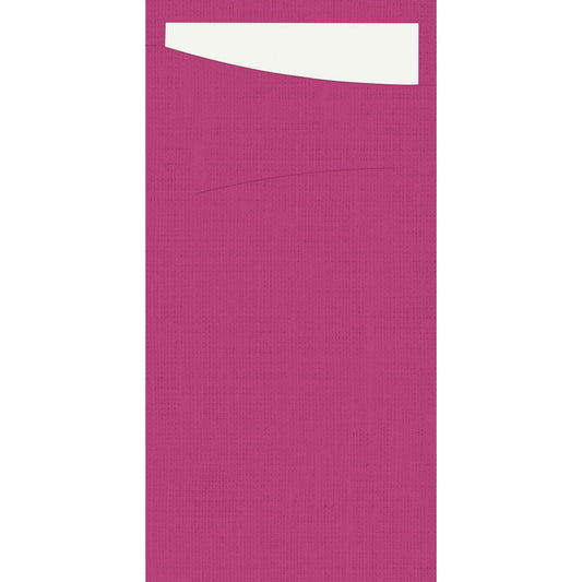 Ein strukturierter rosafarbener Hintergrund mit einer weißen rechteckigen Form, die oben teilweise sichtbar ist und einem Sacchetto Dunisoft 230 x 115 mm der Duni GmbH ähnelt, der aus einer Tasche herausschaut.