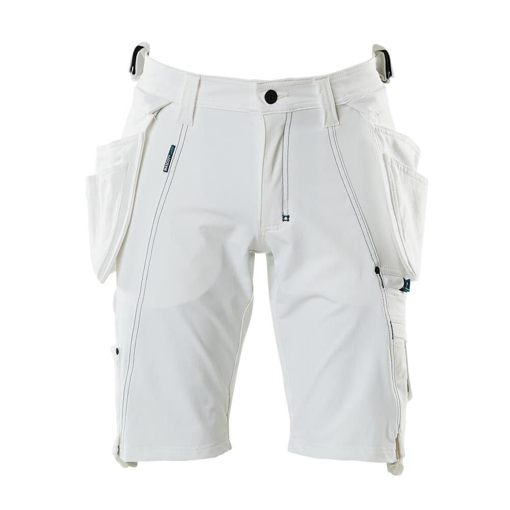 Shorts, removable hanging pockets, stretch craftsman shorts, white