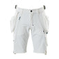 Shorts, removable hanging pockets, stretch craftsman shorts, white