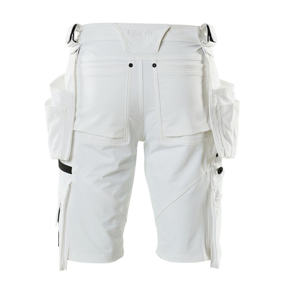Shorts, removable hanging pockets, stretch craftsman shorts, white