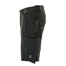 Shorts, removable hanging pockets, stretch craftsman shorts, black