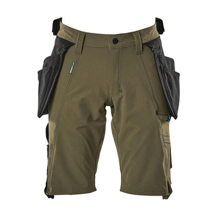 Shorts, removable hanging pockets, stretch craftsman shorts, moss green