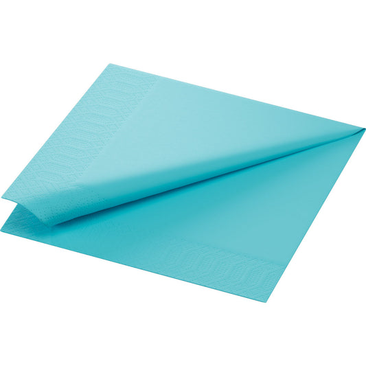 Eine einzelne mintblaue 3-lagige Duni GmbH Zelltuchserviette (40 x 40 cm, 1/4-Falz) aus einer 250er-Packung wird diagonal gefaltet gezeigt, wobei der strukturierte Rand und die glatte Oberfläche auf einem schlichten weißen Hintergrund hervorgehoben werden.
