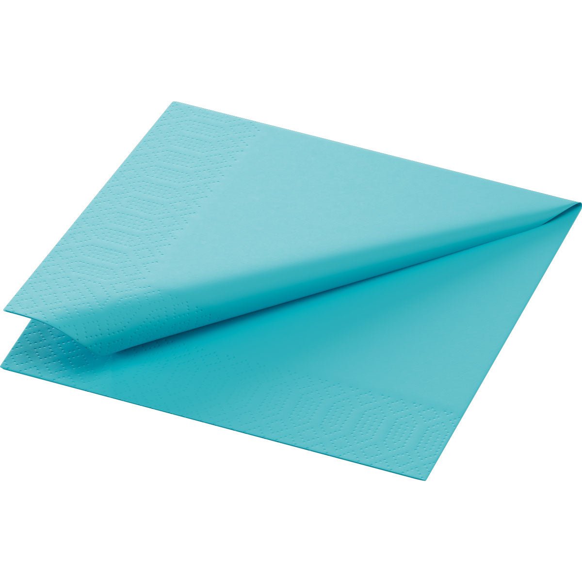 A partially unfolded napkin 24x24 cm, 3-ply, mint blue napkin from Duni GmbH shows its embossed border pattern against a white background. Each pack contains 250 napkins.