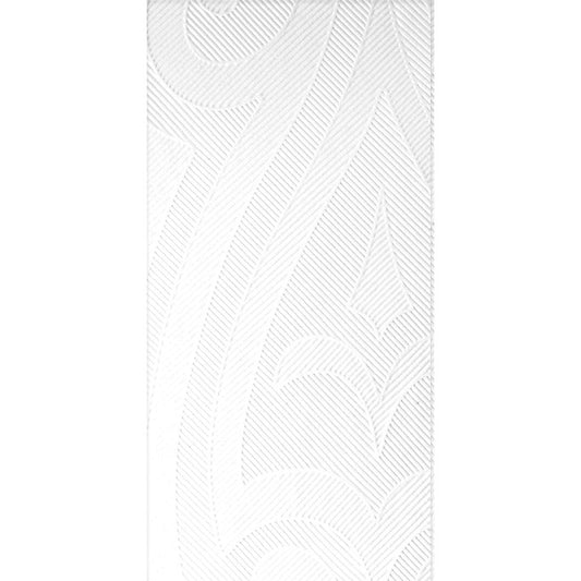 Eine Nahaufnahme der Elegance-Servietten 40 x 40 cm 1/8 Kopffalz Lily weiß von Duni GmbH zeigt ein geprägtes Muster aus geschwungenen Linien und geometrischen Formen für einen erhabenen, dekorativen Effekt - ideal für jedes anspruchsvolle Ambiente. Packung mit 40 Servietten.