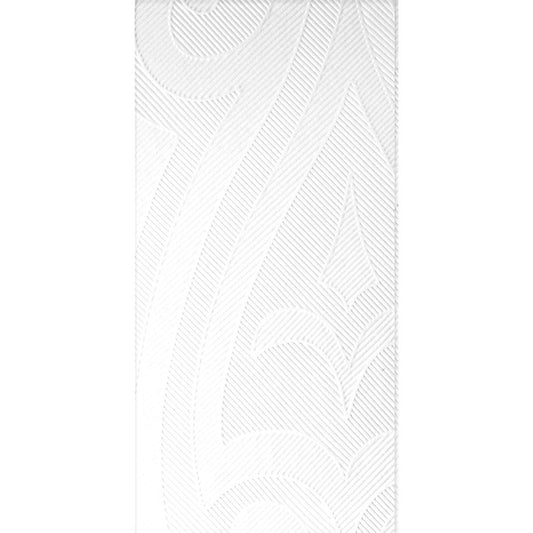 Die Duni GmbH Elegance-Servietten 48 x 48 cm 1/8 Kopffalz Lily weiß haben ein weißes, geprägtes geometrisches und florales Muster mit Rauten, Blättern und geschwungenen Bögen für einen strukturierten Look. Die Packung enthält 40 Servietten.