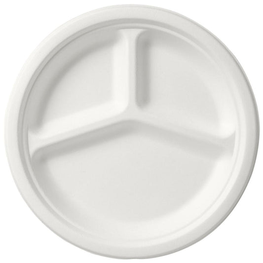 Ein runder, weißer Teller 3-geteilt Ø26 cm von Duni GmbH, hergestellt aus biologisch abbaubarer Bagasse, verfügt über drei separate Fächer - ideal für den umweltfreundlichen Einweggebrauch. Verkauft in einer Packung mit 50 Stück.