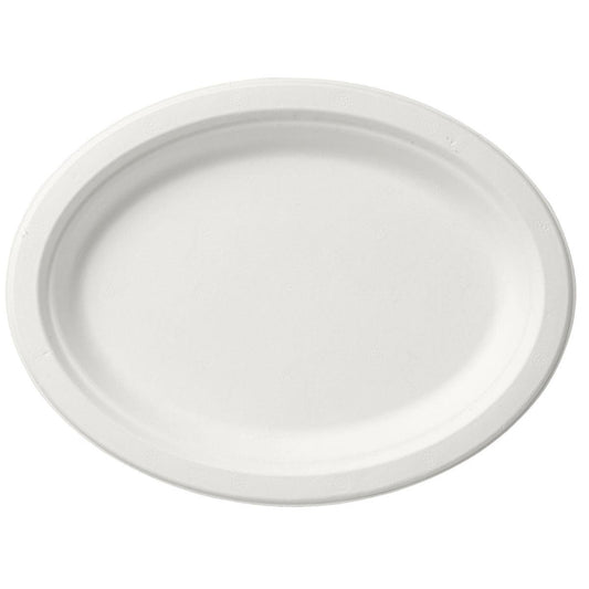 Ein ovaler, weißer Teller aus Bagasse (Ø 26 cm) von Duni GmbH, biologisch abbaubar und umweltfreundlich, Packung mit 125 Stück, auf weißem Hintergrund fotografiert.