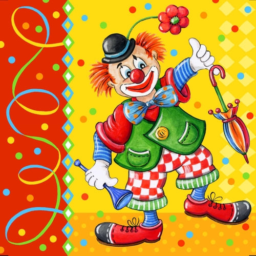 A cartoon clown with orange hair, red nose, and colorful clothing holds an umbrella and a horn against a colorful background - ideal for PAPSTAR 20 napkins, 33 cm x 33 cm, 3-ply, design set 5 by PAPSTAR GmbH.