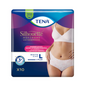 A pack of TENA Silhouette Plus White incontinence pants, size L, from TENA – Essity Germany GmbH, shows a woman presenting the product. The purple-blue packaging in German indicates bladder weakness protection and contains 10 pieces.