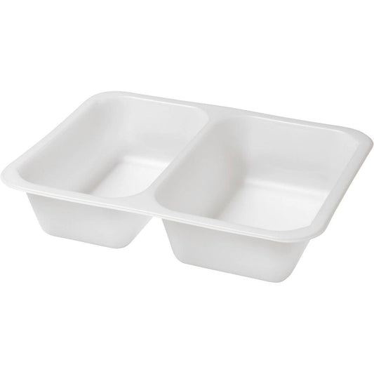 Die Duni GmbH Siegelschale Caterline Biokunststoff 2 Weiß (227x178x50 mm, 216 Stück) ist eine weiße, rechteckige Biokunststoffschale mit zwei Fächern - ideal als nachhaltige Lebensmittelverpackung.