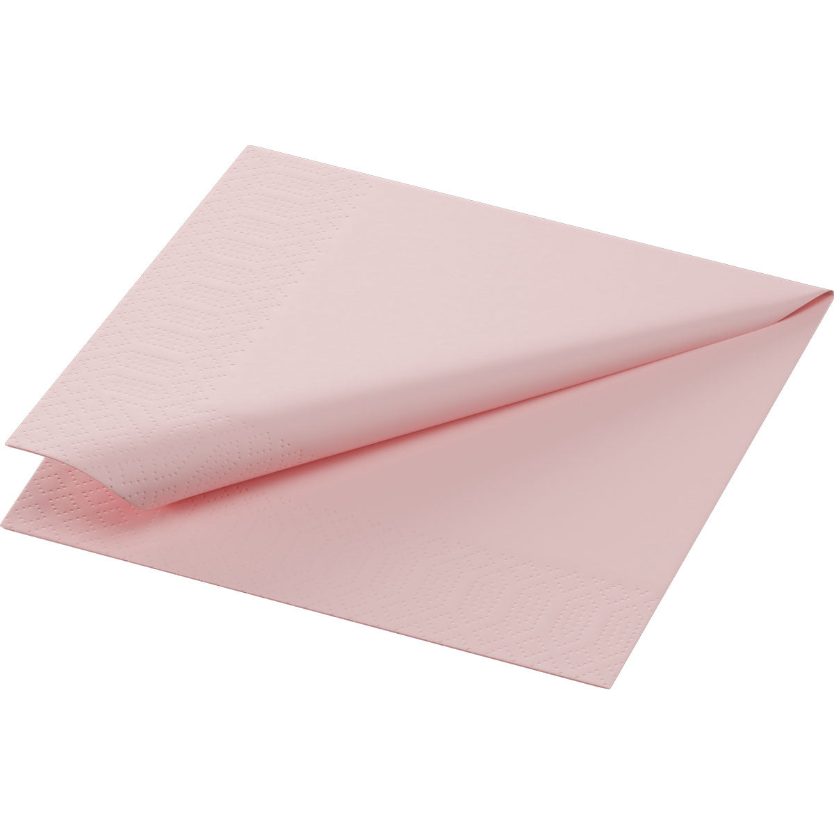 Die Duni GmbH Zelltuchservietten 24 x 24 cm 3lagig 1/4 Falz in zartrosa sind sauber gefaltet, wobei eine Ecke angehoben wird, um geprägte Randmuster zu zeigen. Die Packung enthält 250 Servietten.