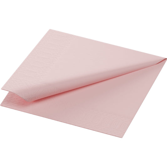 Die Duni GmbH Zelltuchservietten 24 x 24 cm 3lagig 1/4 Falz in zartrosa sind sauber gefaltet, wobei eine Ecke angehoben wird, um geprägte Randmuster zu zeigen. Die Packung enthält 250 Servietten.