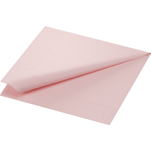 Eine hellrosa, quadratische Duni GmbH Zelltuchserviette (33 x 33 cm, 3-lagig, 1/4-Falz) in zartrosa zeigt dezente Prägemuster an den Rändern und Ecken. Packung mit 250 Servietten.