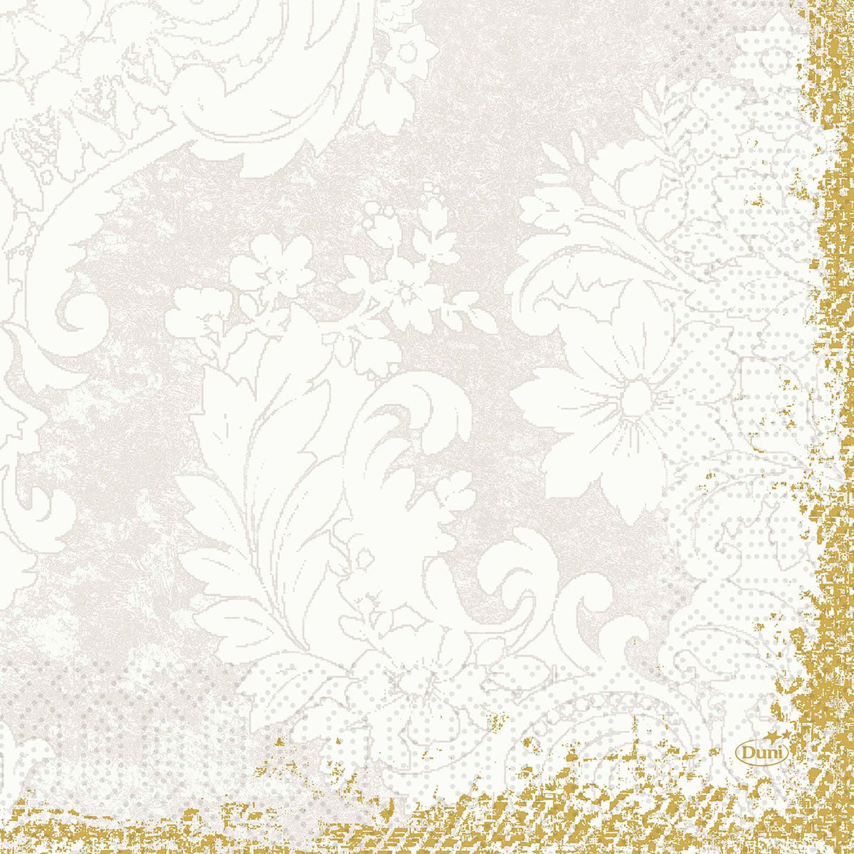 A floral lace pattern in vintage white on beige with a gold rim adorns the napkins Zellt.-Napkins 33x33 cm, 3-ply Royal White (250 pack) from Duni GmbH for an elegantly set table.