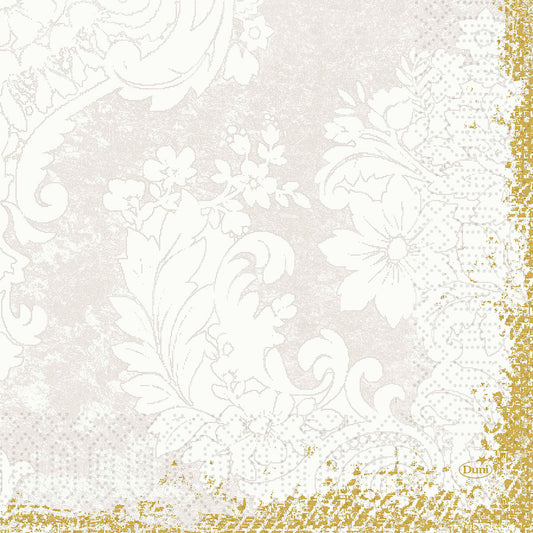 Die Duni GmbH Zelltuchservietten 33 x 33 cm 3-lagig Royal weiß zeigen ein weißes Blumenspitzenmuster auf Beige mit Goldbordüren an zwei Kanten und einem kleinen "Duni"-Logo, verpackt in 250er-Sets.
